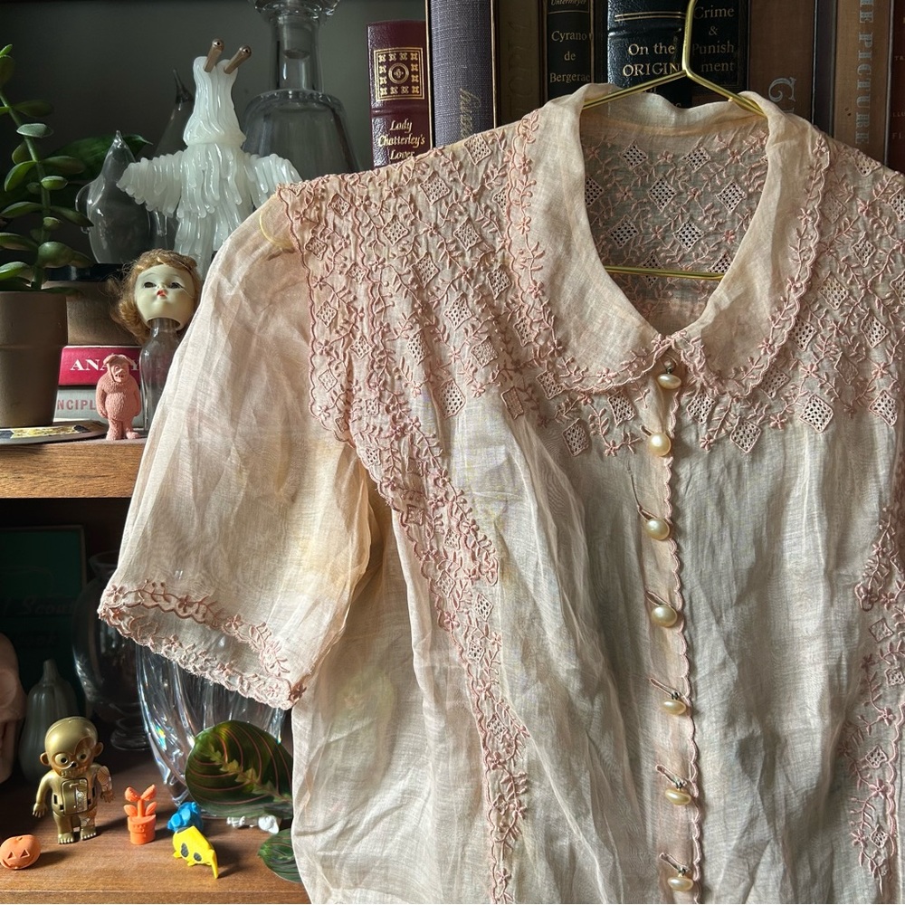 Vintage 60s sheer blouse orange pink Peter Pan collar - Picture 8 of 17